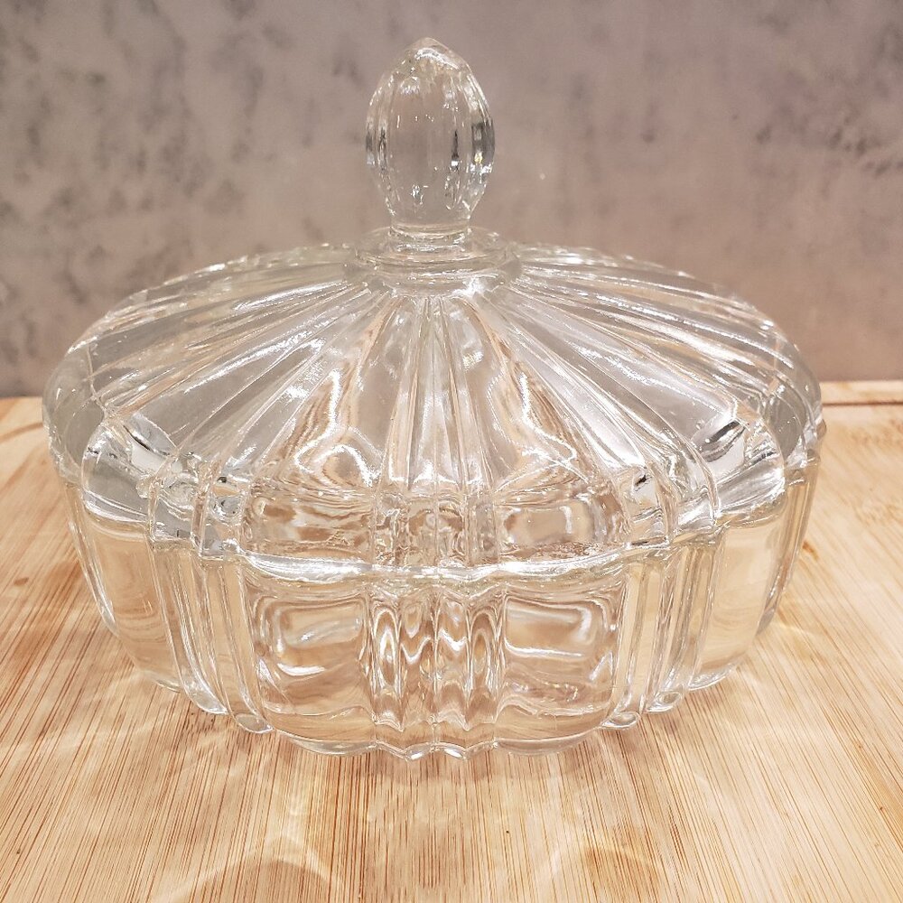 Vintage Anchor Hocking Fire-King Clear Cut Ribbed Design Glass Candy Dish